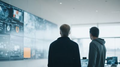 Two male data engineers reviewing data on a screen in a bright office, Data Engineering | DXC Technology
