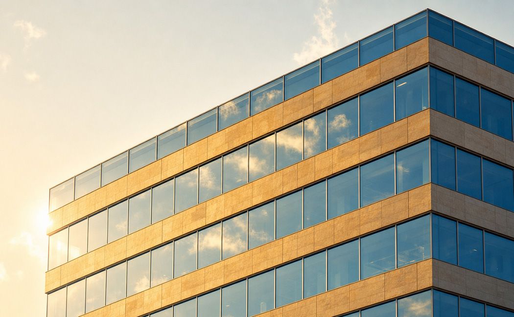 Modern glass office building at sunset