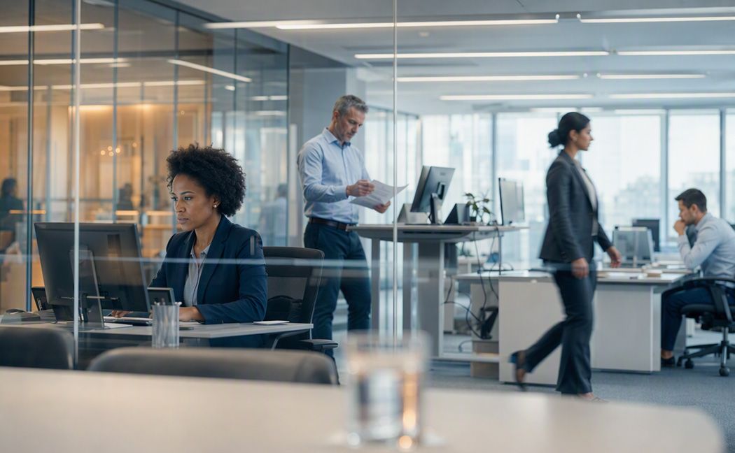 Banking employees collaborating in a glass-walled office during a banking transformation project | DXC Technology
