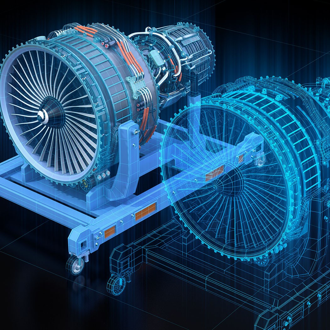 Wireframe rendering of turbojet engine and mirrored physical body on black background. Digital twin concept. 3D rendering image.
