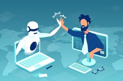 comic strip image of person and robot slapping hands, Insurance | DXC Techology Insights