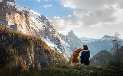 girl with a toller dog in the mountains. Autumn mood. Traveling with a pet. Nova Scotia Duck Tolling Retriever