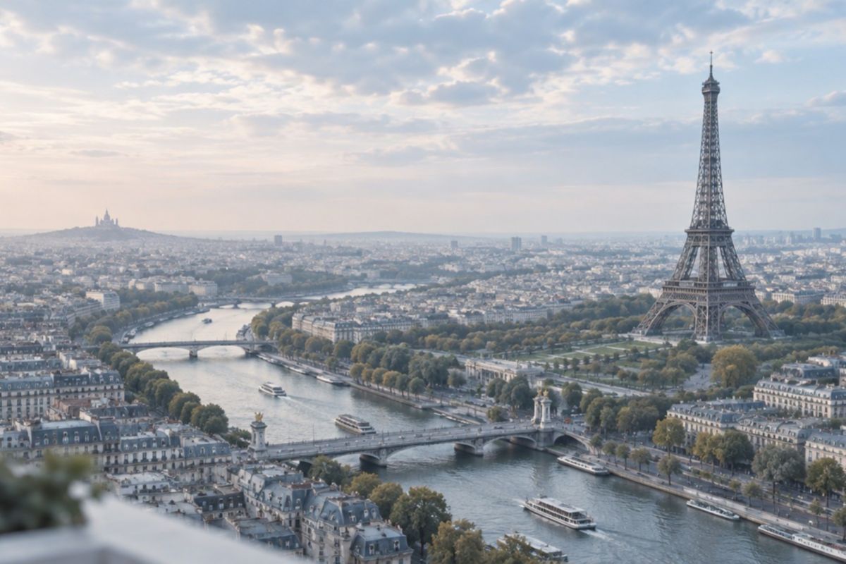 Aerial view of the Eiffel Tower and River Seine, Paris, France | DXC Technology Events