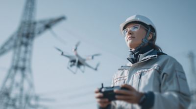 Technician inspecting solar panels, illustrating energy software development for efficient renewable energy management | DXC Technology