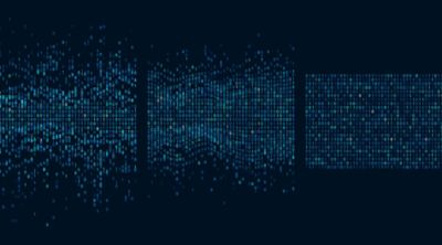 Three blocks of blue light data points on dark blue background, Enterprise Data & AI Platforms | DXC Technology 