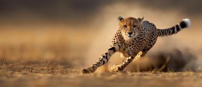 Cheetah running at speed on dusty ground