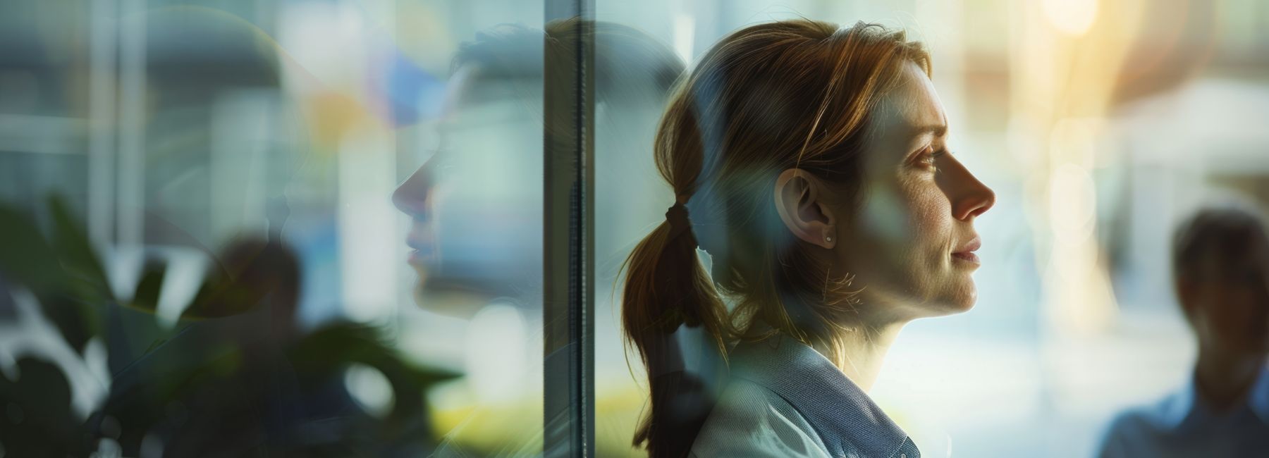 Businesswoman in light office, gazing out of the window, ServiceNow eBook | DXC Technology