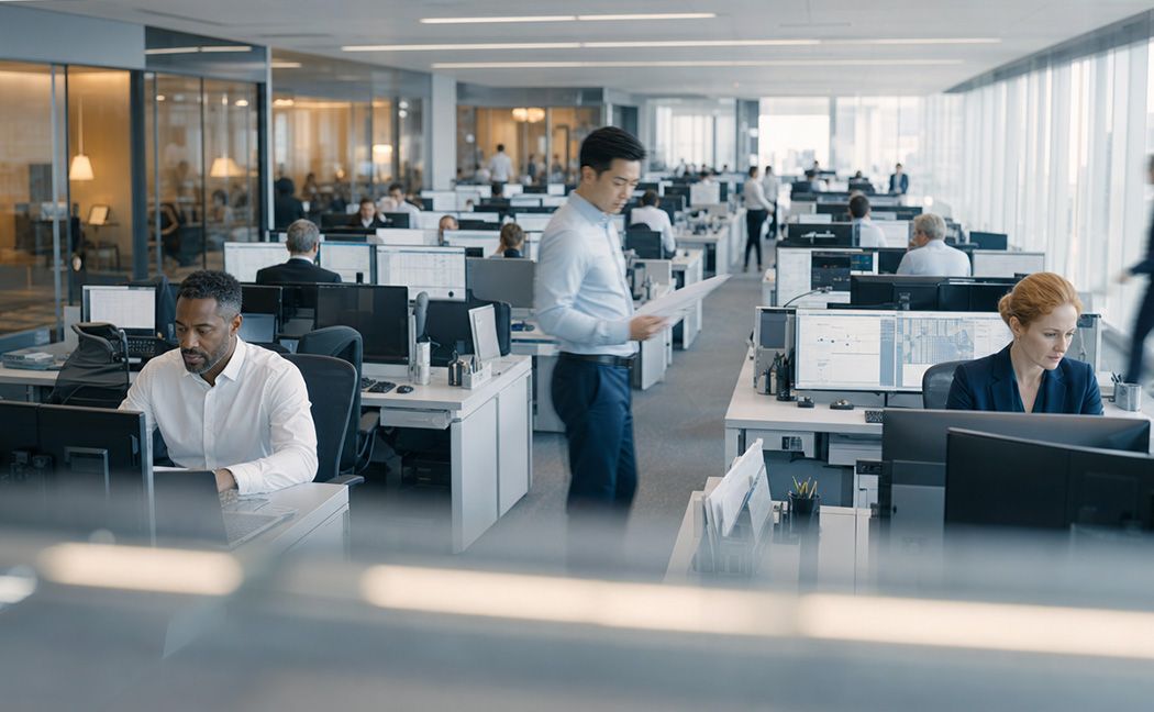 Analysts monitoring market data on multiple screens in a capital markets operations floor | DXC Technology