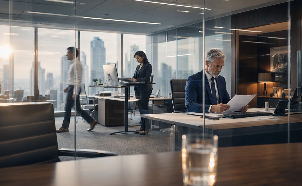 Corporate banker reviewing documents in a high-rise office supported by banking business process services | DXC Technology