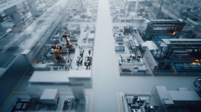 Aerial view of factory floor, industry solutions | DXC Technology