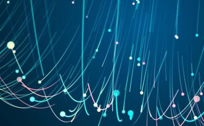 Shower of turquoise, pink & yellow pixelated lights on navy background, GenAI in coding, Data & AI | DXC Technology Insights