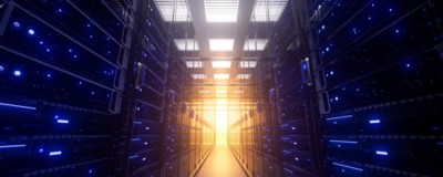 Server racks in computer network security server room datacenter. Modern interior server room data center. A bright orange light at the end of the hallway. 3d rendering