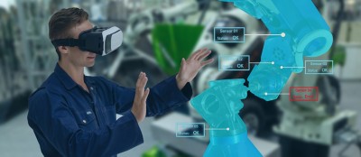 iot industry 4.0 mixed reality concept,industrial engineer(blurred) using smart glasses with augmented mixed with virtual reality technology to monitoring machine in real time.Smart factory use Automation robot arm
