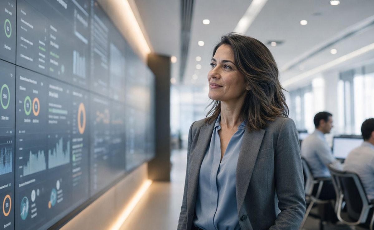Woman walking past a wall of data dashboards in an office corridor