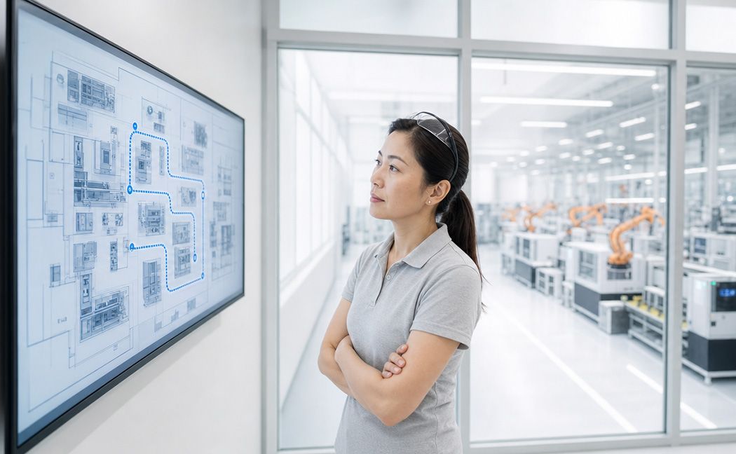 Engineer reviewing a digital twin model of a production line layout enabled by physical AI