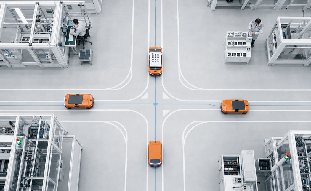 Physical AI in action: autonomous mobile robots navigating factory floor routes for fleet orchestration