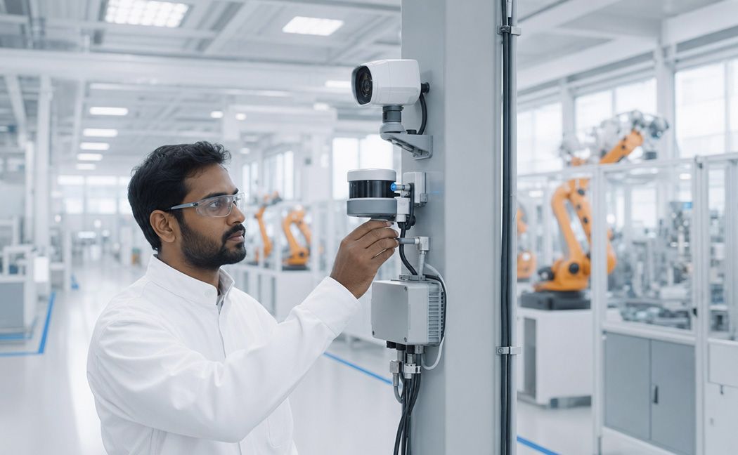 Technician installing a sensor for physical AI and edge AI data capture in a factory