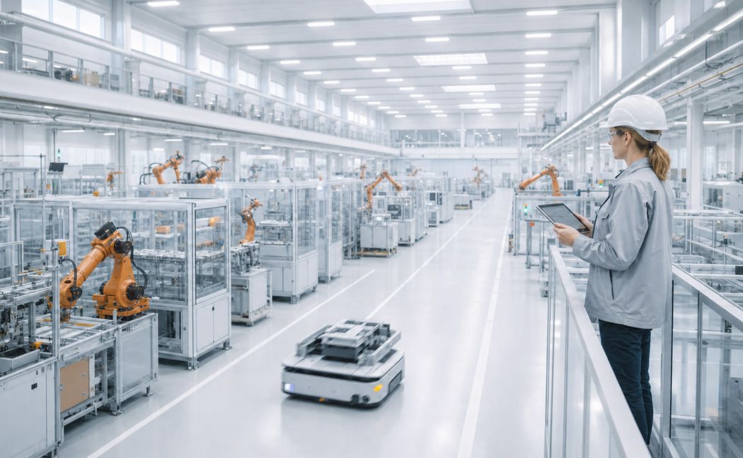 Engineer monitoring robotic arms and AMR in a smart manufacturing facility powered by physical AI