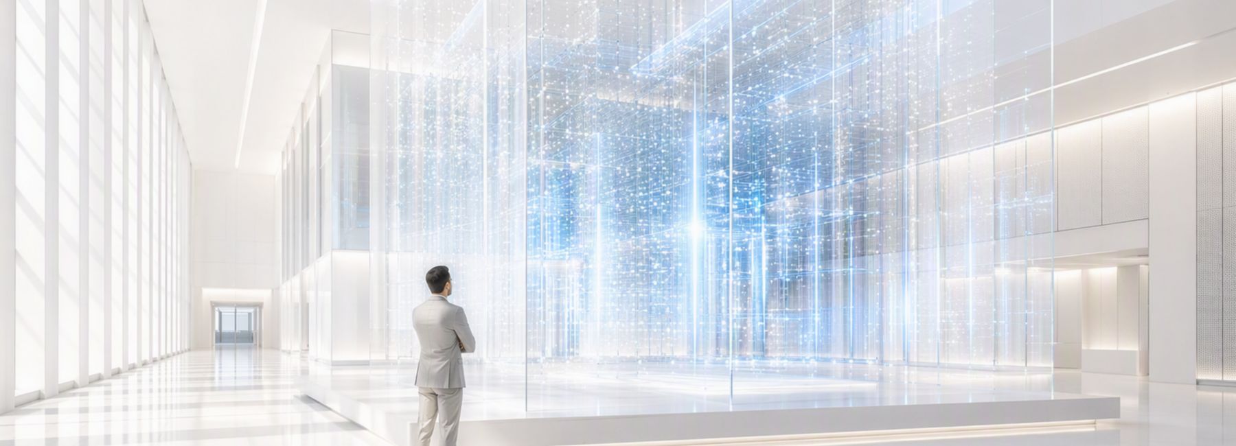 Man in tan suit in large, bright private AI server room | DXC Technology Insights