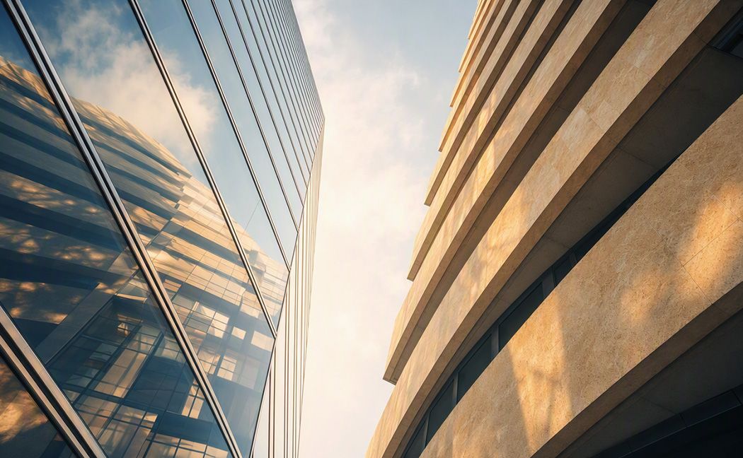 Glass facade of a modern bank headquarters representing digital banking and banking modernization | DXC Technology