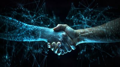 human hand and AI-generated hand shaking hands, representing AI employee help desk support | DXC Technology