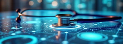 Stethoscope laying on a bright blue digital console, health & social care system fit for the future | DXC Technology Insights