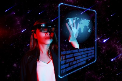 Young women entrpreneur control the advanced technology in AR VR galaxy world. Mixed reality concept.