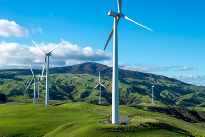 The Te Apiti Wind Farm in the Tararua Ranges near Palmerston North showing the rolling rural landscape
