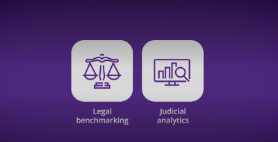 two white boxes with legal benchmarking and judicial analysis on purple background 