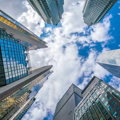 Looking up shot of downtown financial district with skyscrapers in  Toronto