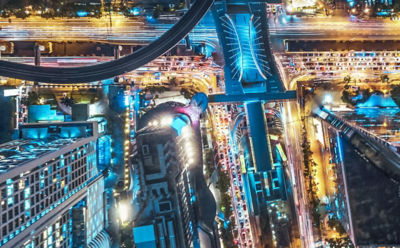 Aerial view of a city at night