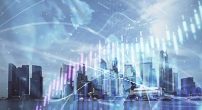 Data graphics super impose above cityscape
